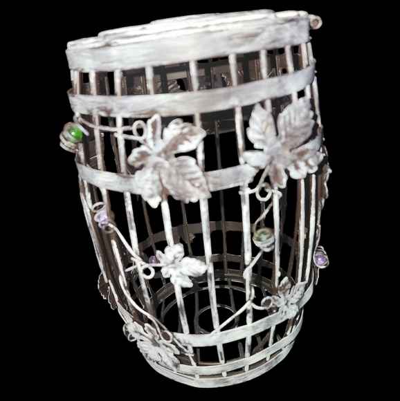 Vintage Wine Cork White Metal barrel  Cage with leaf Accents holder White Washed - Picture 2 of 6